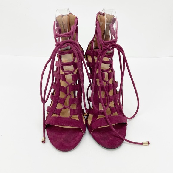 Charlotte Russe Lace Up Heels 6 Burgundy Suede Peep Toe Stiletto Strappy Sandals - Picture 2 of 11